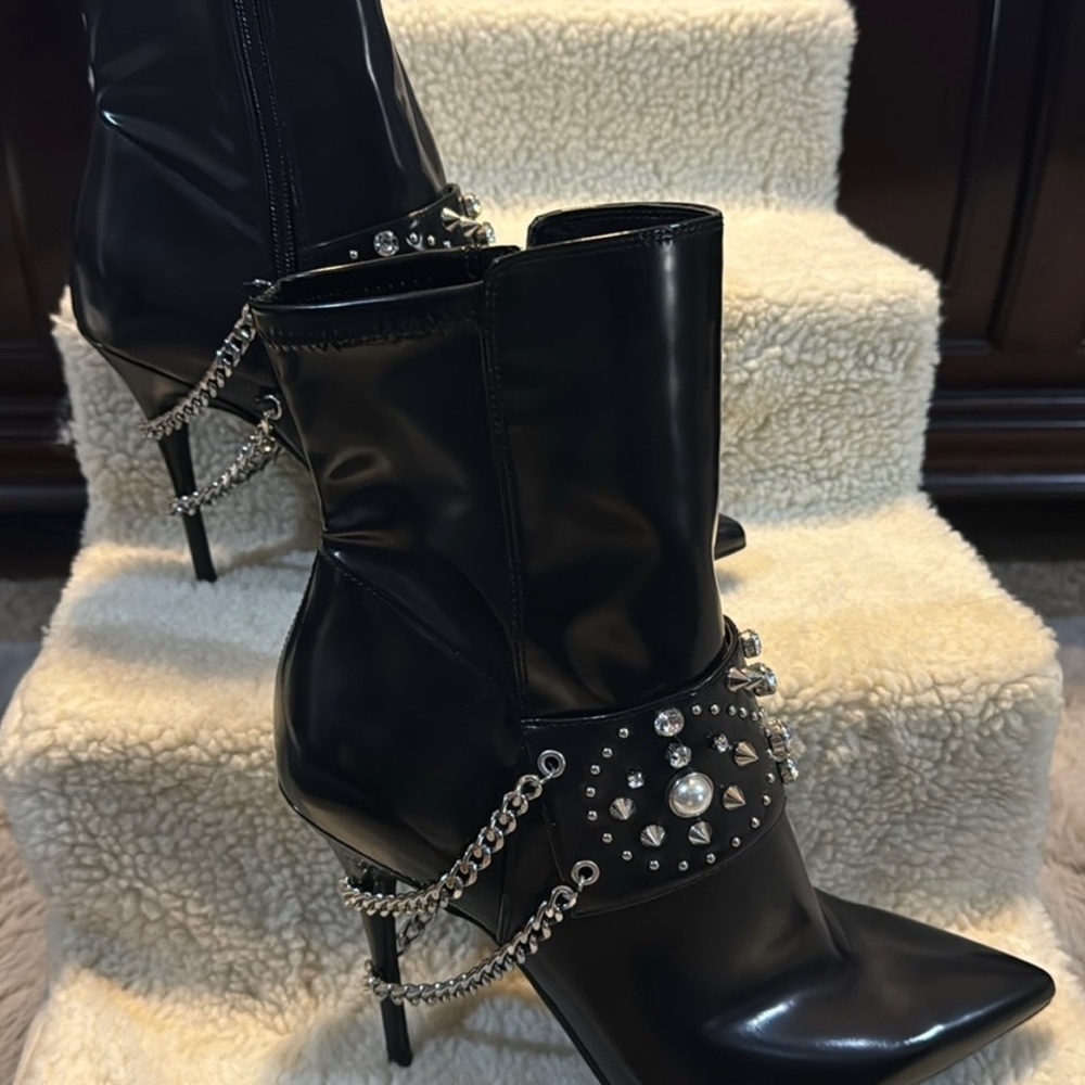 NEW Patent black faux leather heeled booties with chain & spike detailing
